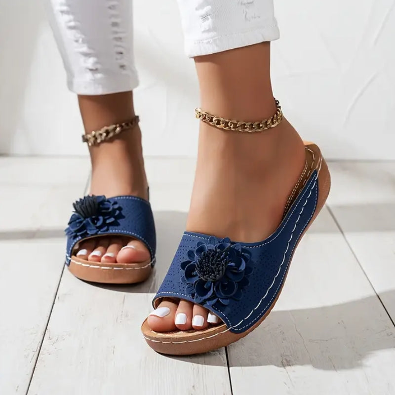 Women's Floral Appliqué Open Toe Wedge Slide Sandals – Perforated Summer