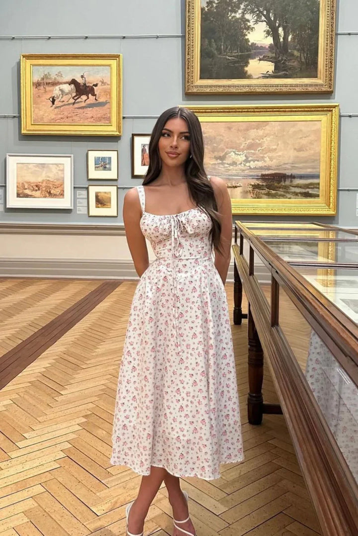 Women's Floral Bustier Midi Dress – Sweetheart Tie Front Wedding Guest