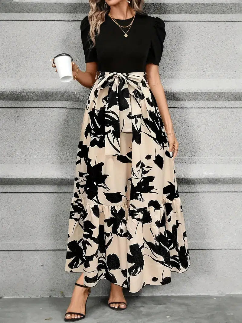 Women's Floral Colorblock Maxi – Tie Waist Puff Sleeve Ruffled Wedding Dress