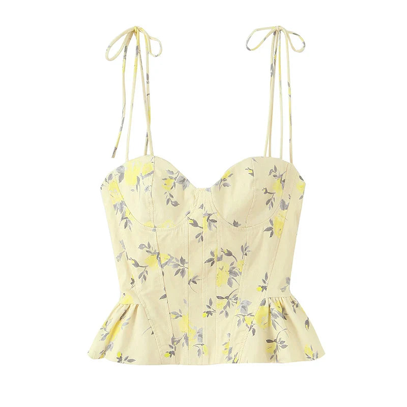 Women's Floral Corset Camisole Top – Sweetheart Neck Spaghetti Strap Peplum