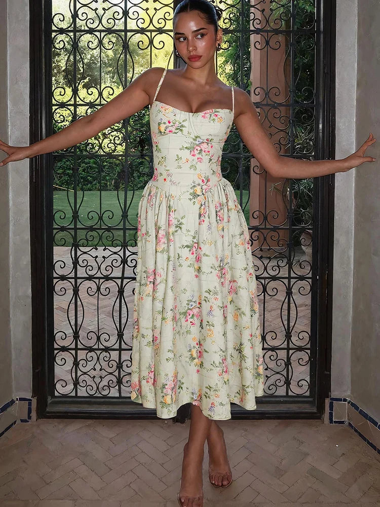 Women's Floral Corset Midi Dress – Spaghetti Strap Square Neck Prom