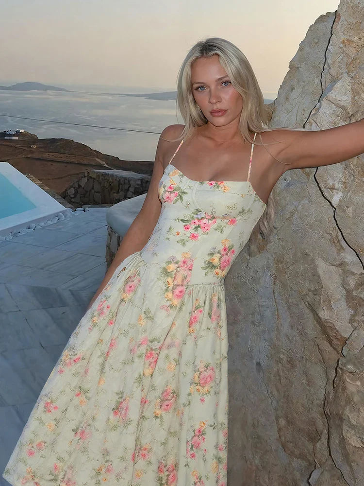 Women's Floral Corset Midi Dress – Spaghetti Strap Square Neck Prom