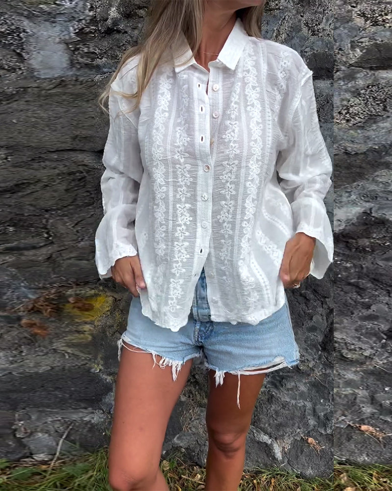 Women's Floral Embroidered Blouse – Collared Button Front Long Sleeve Casual