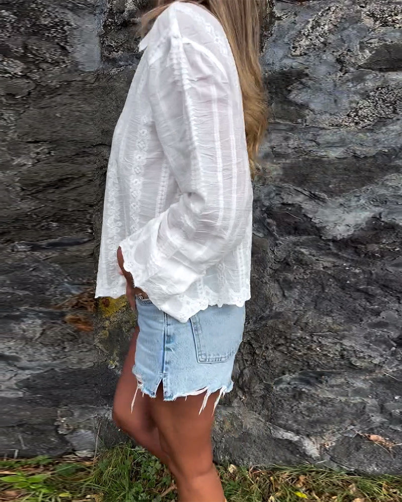 Women's Floral Embroidered Blouse – Collared Button Front Long Sleeve Casual