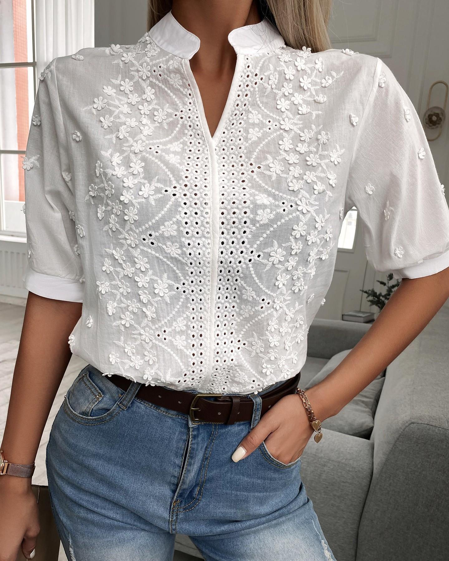 Women's Floral Eyelet Embroidered Blouse – Stand Collar Short Sleeve Summer