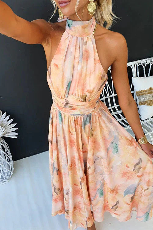 Women's Floral Halter Maxi Dress – Sleeveless Gathered Waist Wedding Guest