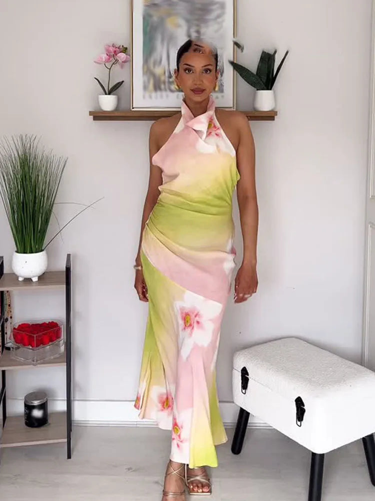 Women's Floral Halter Neck Maxi – Cowl Draped Backless Wedding Guest Dress