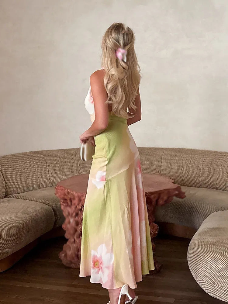 Women's Floral Halter Neck Maxi – Cowl Draped Backless Wedding Guest Dress