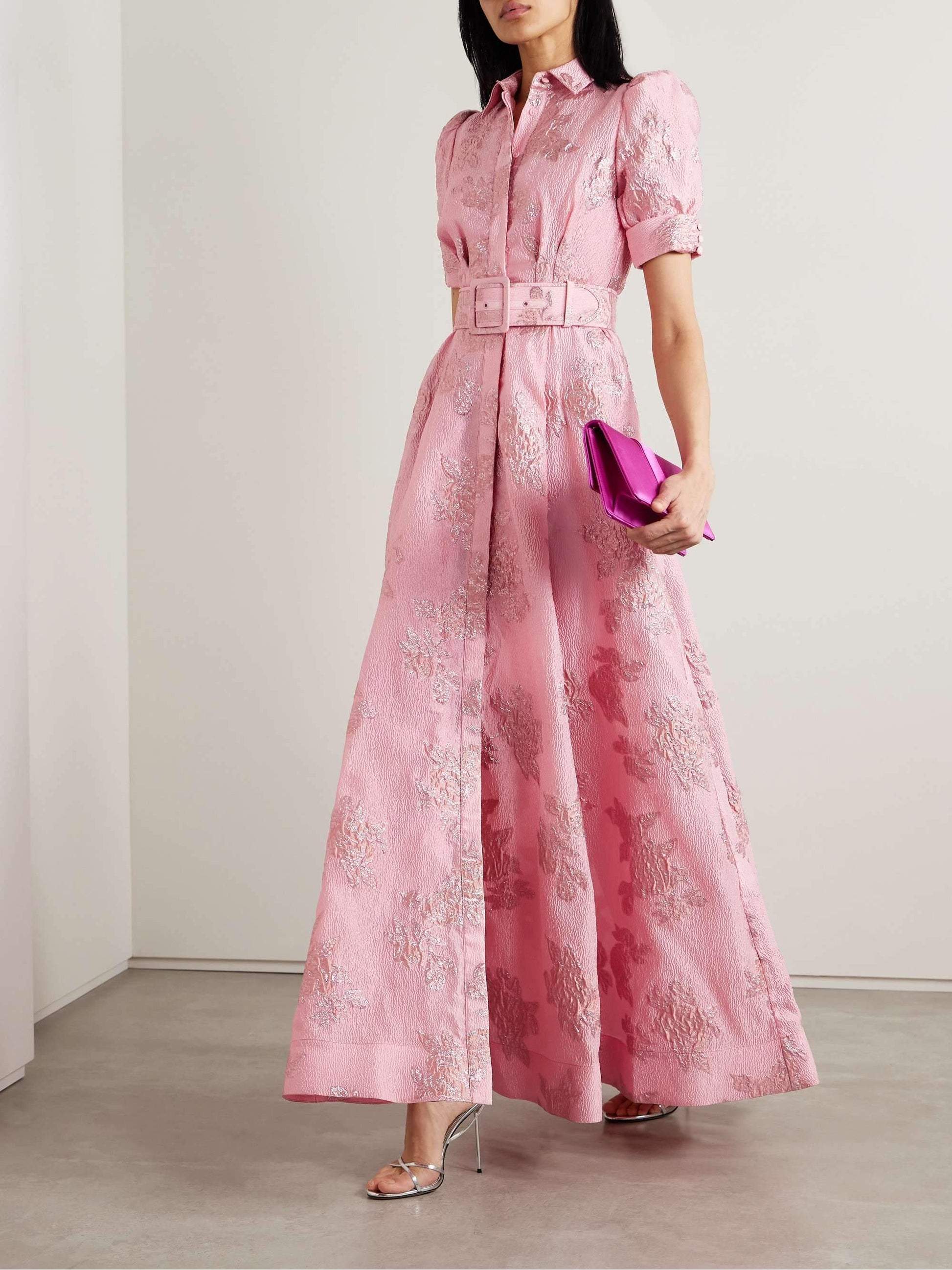 Women's Floral Jacquard Maxi – Belted Shirt Collar Puff Sleeve Wedding Guest Dress