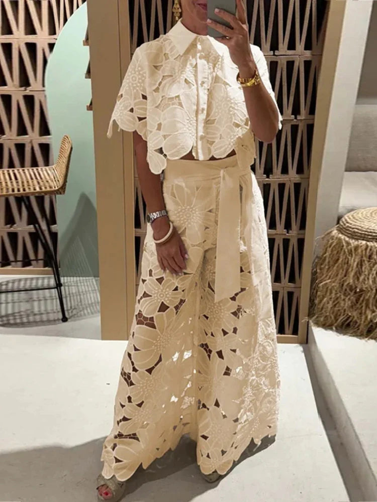 Women's Floral Lace 2 Piece Set – Collared Crop Top Wide Leg Pants Summer