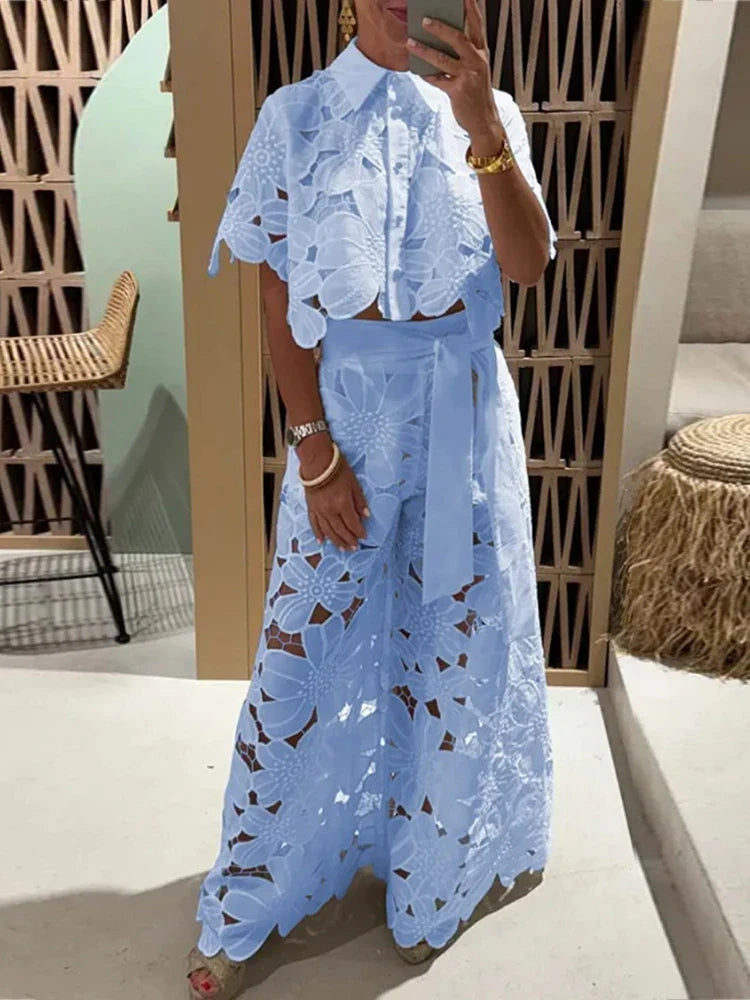 Women's Floral Lace 2 Piece Set – Collared Crop Top Wide Leg Pants Summer