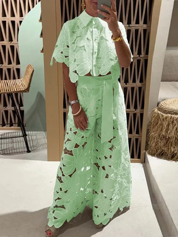 Women's Floral Lace 2 Piece Set – Collared Crop Top Wide Leg Pants Summer