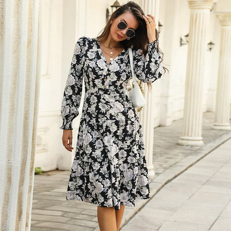 Women's Floral Long Sleeve Midi Dress – V Neck Button Front A-Line Summer