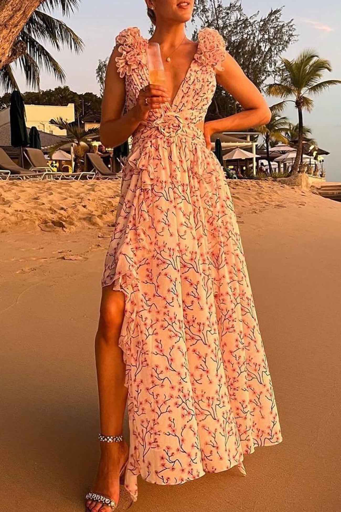 Women's Floral Maxi Dress – Ruffle Sleeve Deep V Neck Side Cutout Wedding Guest