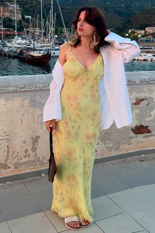 Women's Floral Maxi Dress – Ruffle V Neck Spaghetti Strap Summer Slip