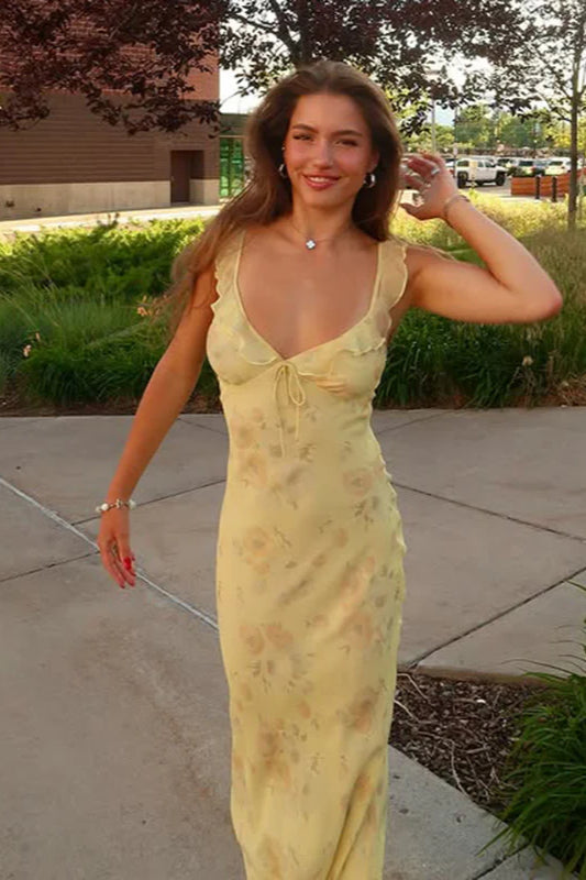 Women's Floral Maxi Dress – Ruffle V Neck Spaghetti Strap Summer Slip