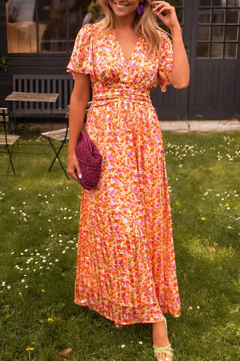 Women's Floral Maxi Dress – V Neck Flutter Sleeve Ruched Waist Wedding Guest