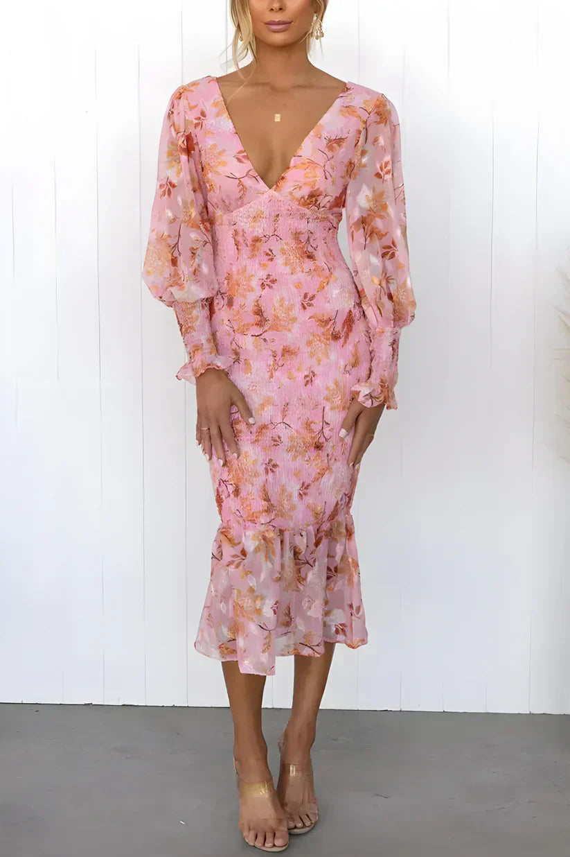 Women's Floral Midi – Deep V Neck Bishop Sleeve Smocked Waist Wedding Guest Dress
