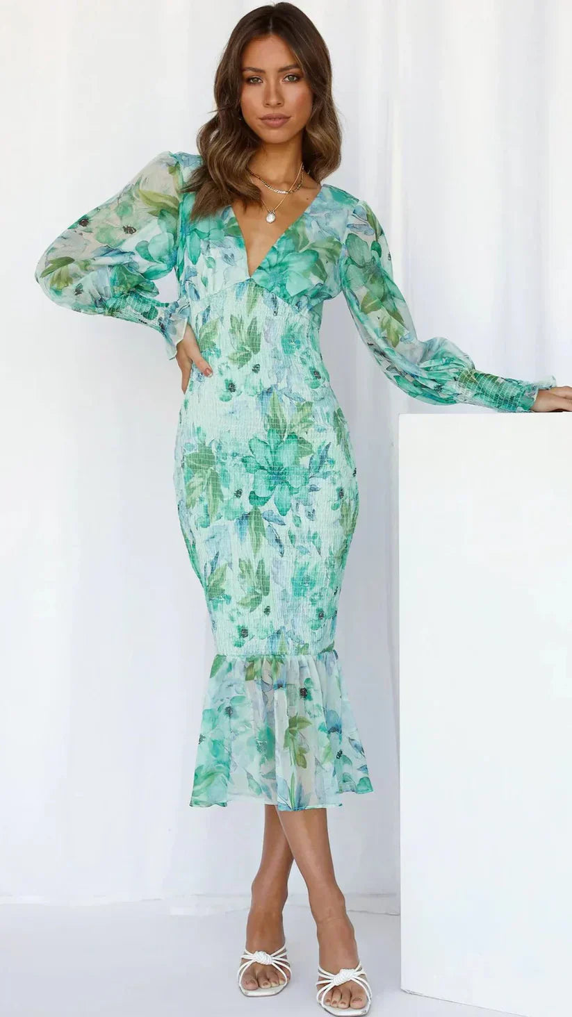 Women's Floral Midi – Deep V Neck Bishop Sleeve Smocked Waist Wedding Guest Dress