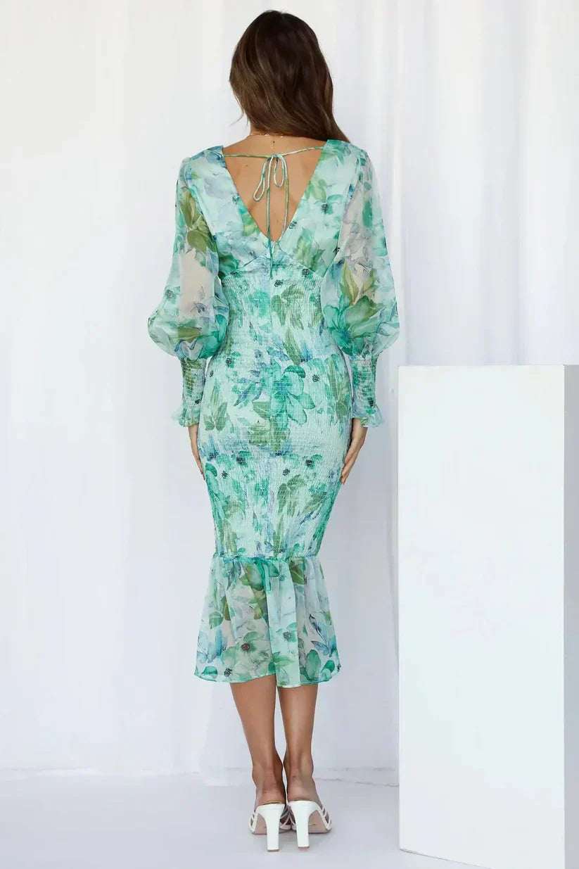 Women's Floral Midi – Deep V Neck Bishop Sleeve Smocked Waist Wedding Guest Dress