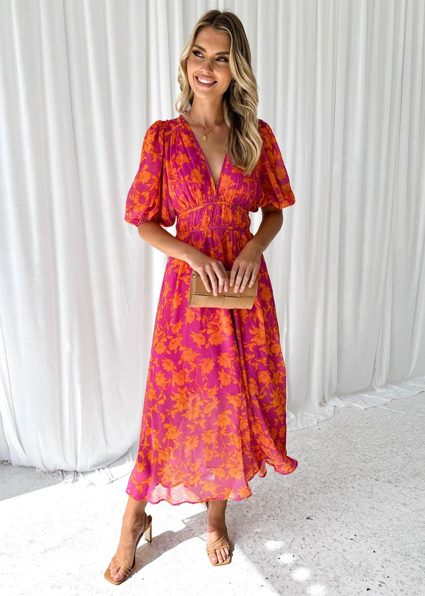 Women's Floral Midi Dress – Deep V Neck Puff Sleeve A-Line Wedding Guest