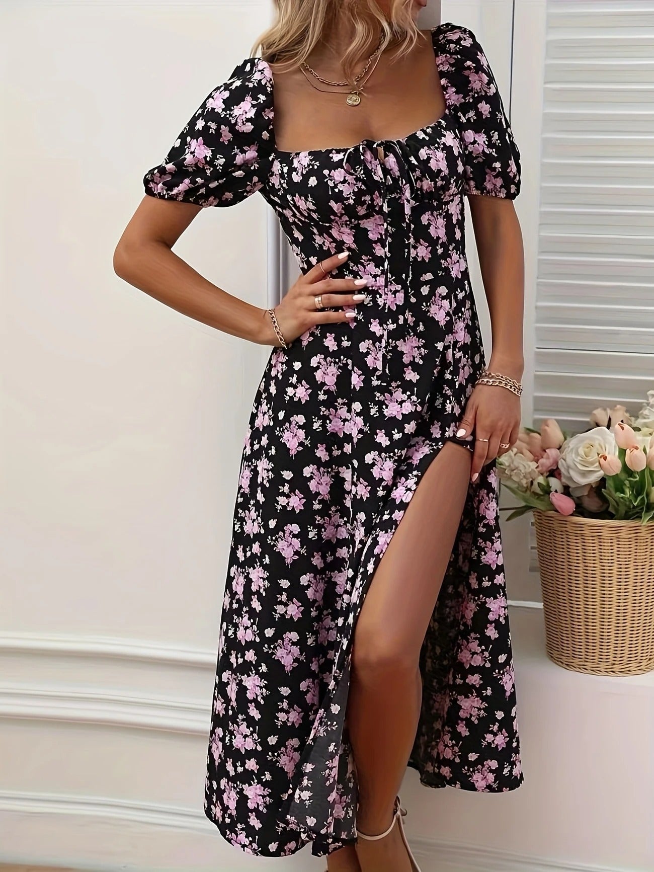 Women's Floral Midi Dress – Square Neck Puff Sleeve Tiered Split Summer
