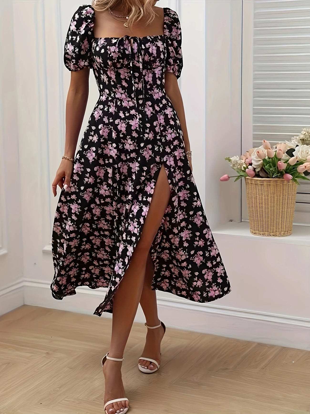 Women's Floral Midi Dress – Square Neck Puff Sleeve Tiered Split Summer