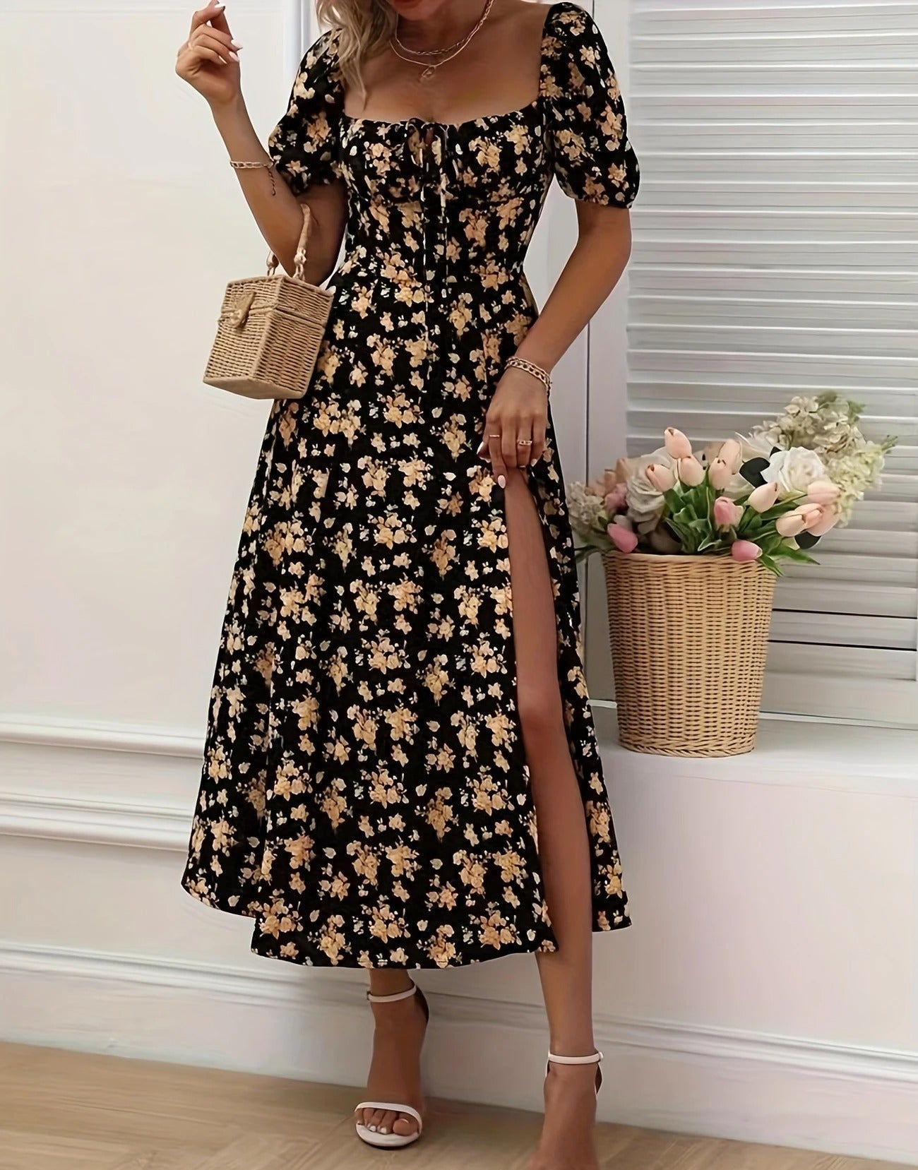 Women's Floral Midi Dress – Square Neck Puff Sleeve Tiered Split Summer
