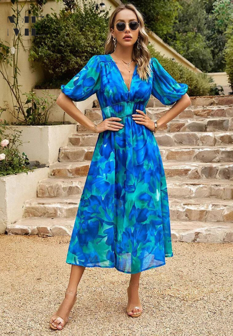 Women's Floral Midi Dress – V Neck Puff Sleeve Gathered Waist Wedding Guest