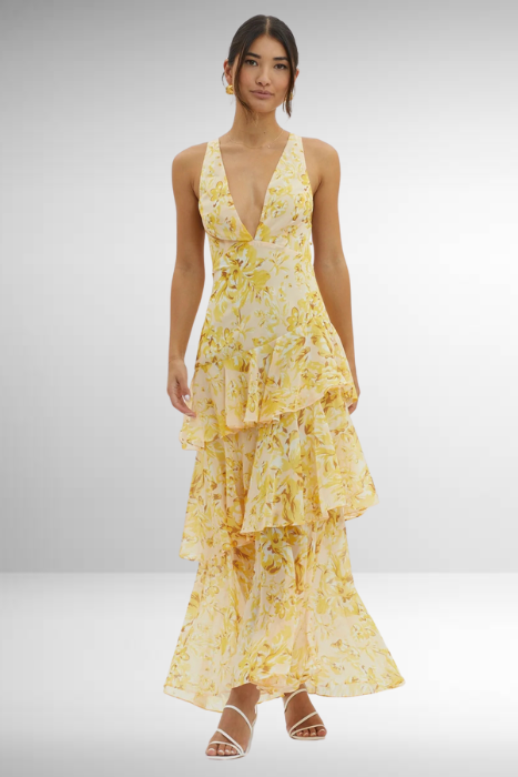 Women's Floral Print V Neck Maxi – Tiered Ruffle Open Back Wedding Guest Dress