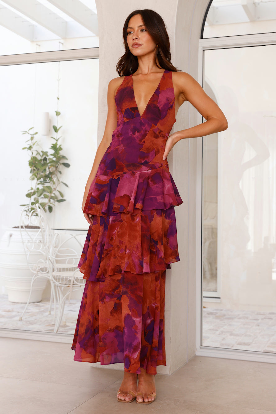 Women's Floral Print V Neck Maxi – Tiered Ruffle Open Back Wedding Guest Dress
