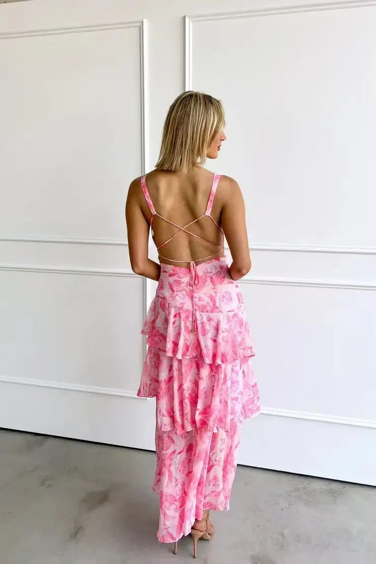 Women's Floral Print V Neck Maxi – Tiered Ruffle Open Back Wedding Guest Dress