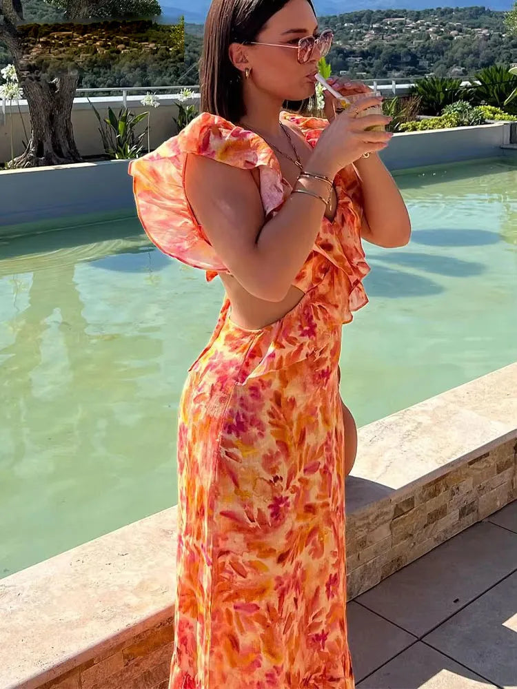 Women's Floral Ruffle V Neck Maxi – Cap Sleeve Tiered Hem Wedding Guest Dress