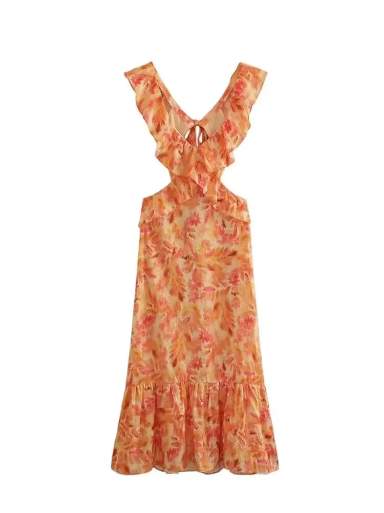 Women's Floral Ruffle V Neck Maxi – Cap Sleeve Tiered Hem Wedding Guest Dress