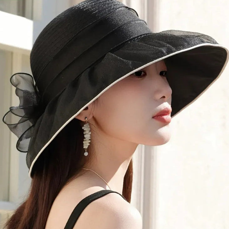 Women's Floral Wide Brim Sun Hat – Pleated Crown Layered Brim Garden Party