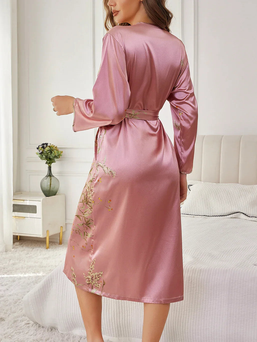 Women's Floral Wrap Kimono Robe – V Neck Self-Tie Belt Midi Nightwear