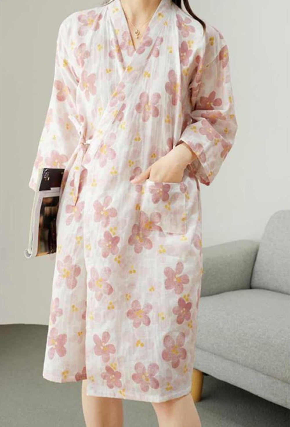 Women's Floral Wrap Kimono Robe – V Neck Side Tie Patch Pocket Nightwear