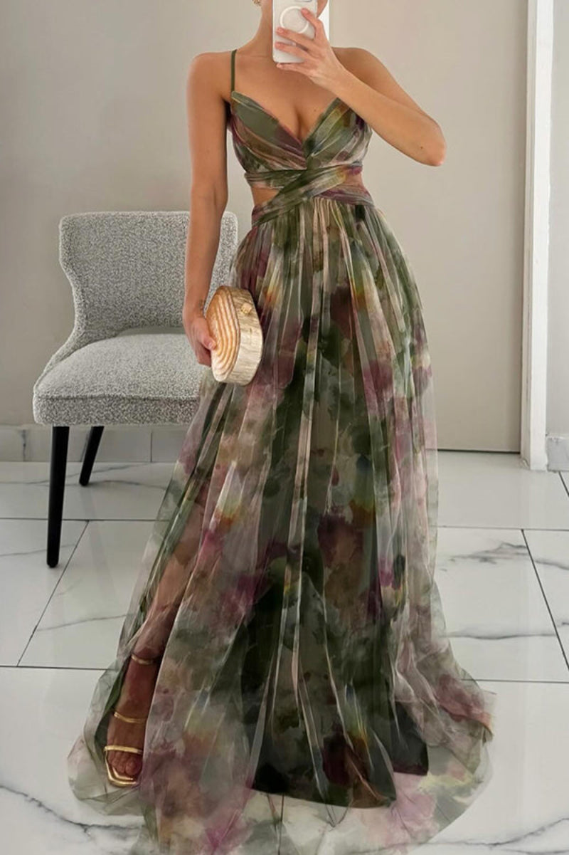 Women's Floral Wrap Maxi Dress – Spaghetti Strap V Neck Wedding Guest