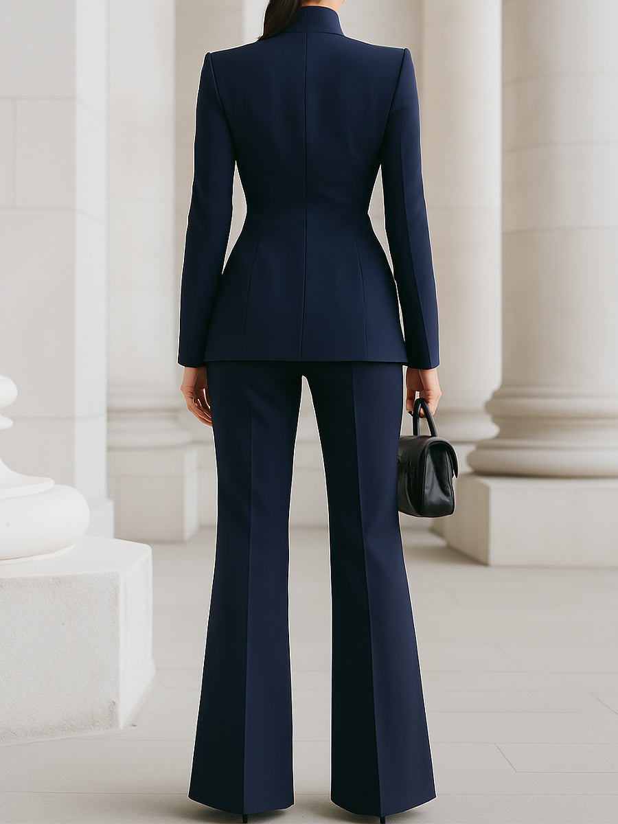 Women's Formal Two Piece Suit Set – Stand Collar Single Button Wide Leg Workwear