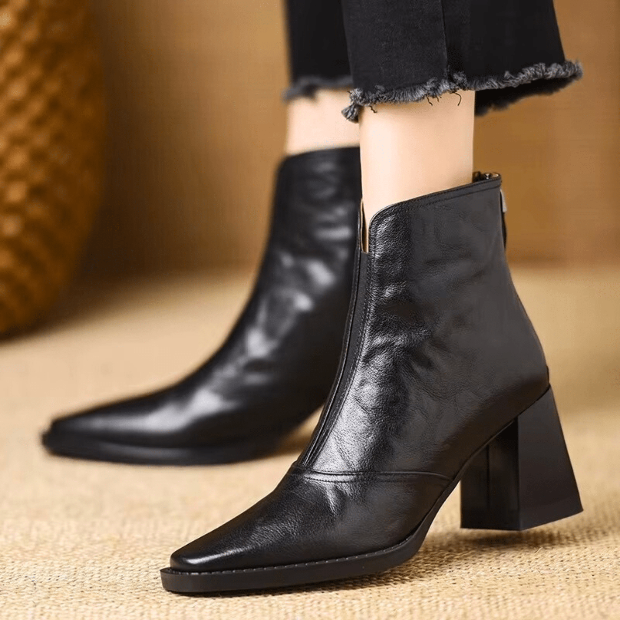 Women's Front Zip Square Toe Block Heel Ankle Boots – Fall Winter