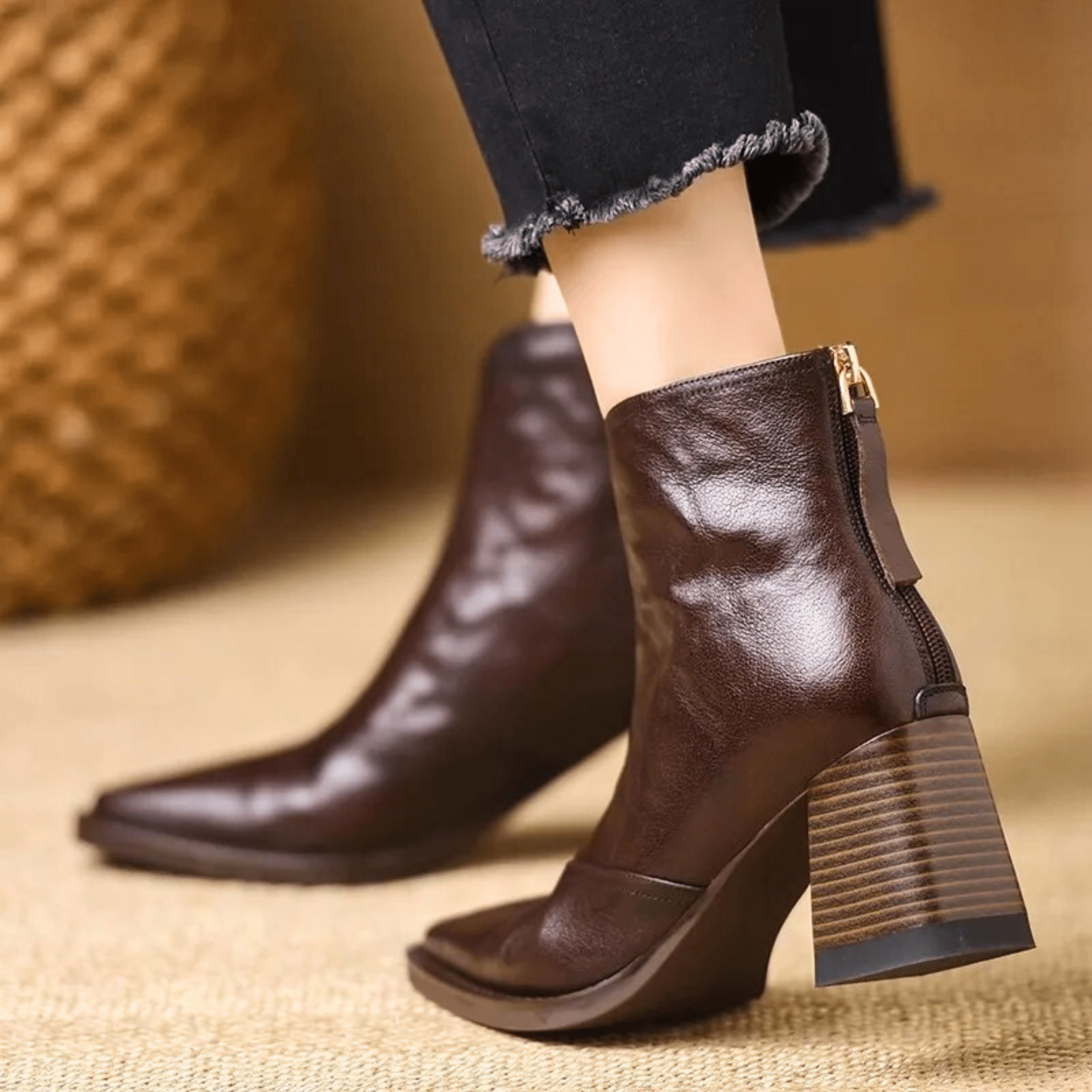 Women's Front Zip Square Toe Block Heel Ankle Boots – Fall Winter