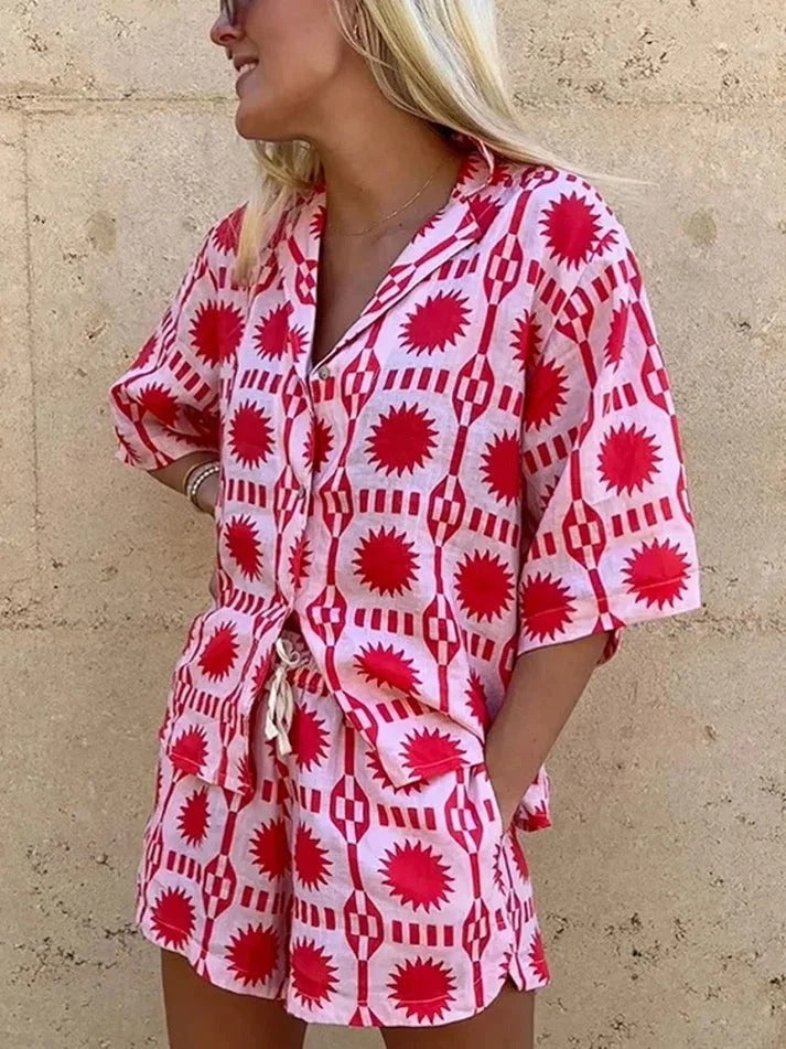 Women's Geometric Print 2 Piece Set – Short Sleeve Shirt Camp Collar Shorts