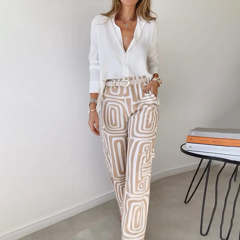 Women's Geometric Print Blouse and Pants – V Neck Long Sleeve 2 Piece Set