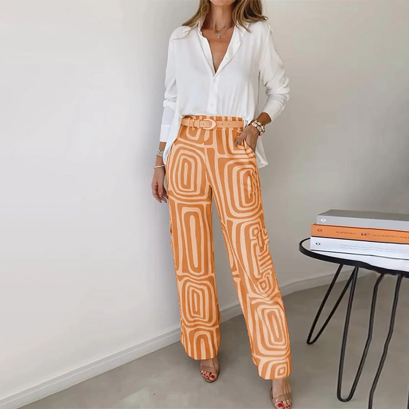 Women's Geometric Print Blouse and Pants – V Neck Long Sleeve 2 Piece Set