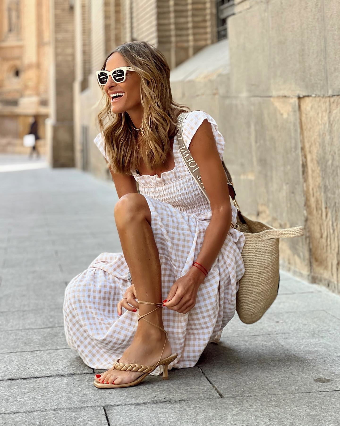 Women's Gingham Square Neck Maxi – Ruffle Sleeve Smocked Tiered Summer Dress