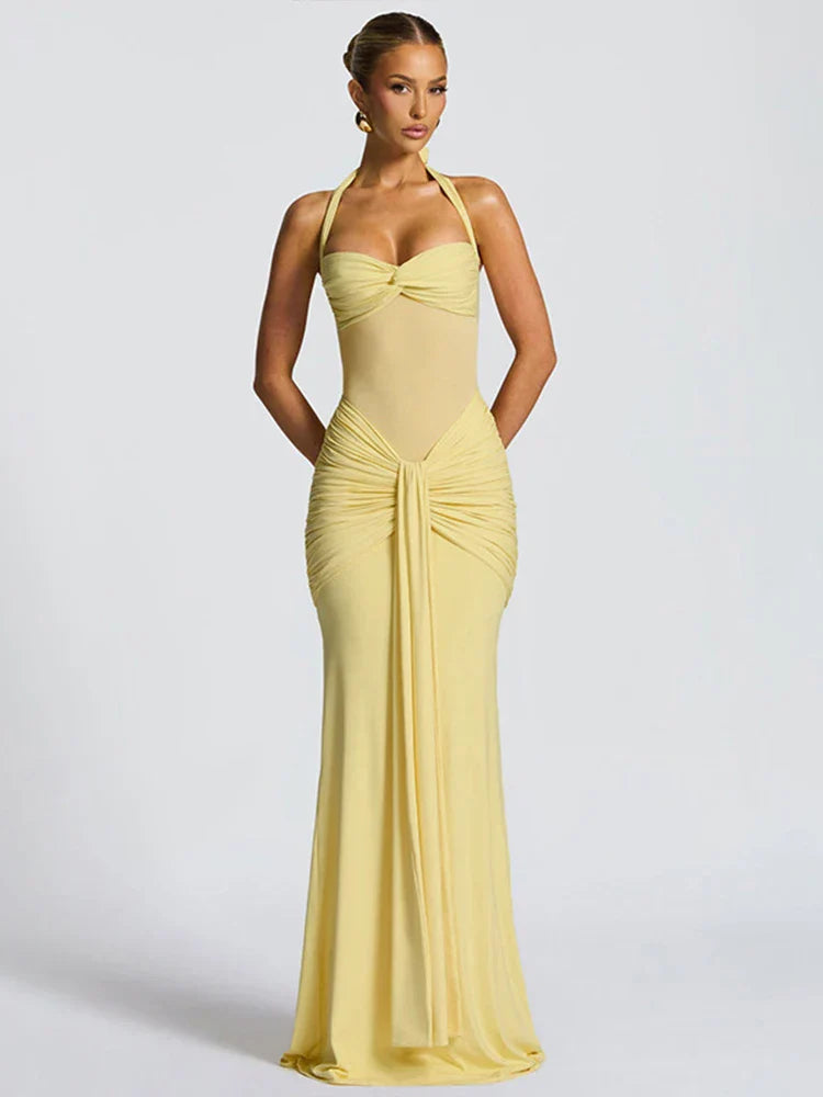 Women's Halter Maxi Dress – Ruched Sweetheart Twist Knot Wedding Guest