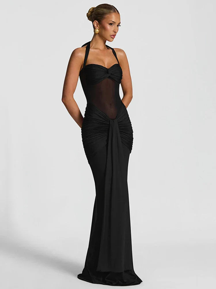 Women's Halter Maxi Dress – Ruched Sweetheart Twist Knot Wedding Guest