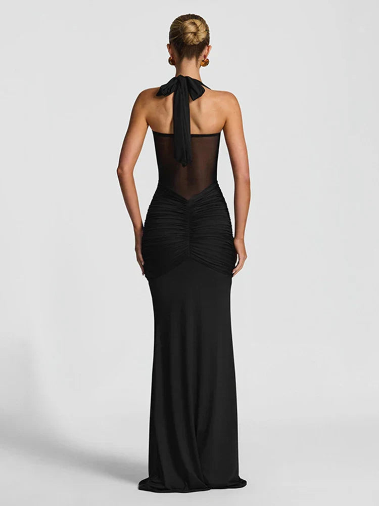 Women's Halter Maxi Dress – Ruched Sweetheart Twist Knot Wedding Guest