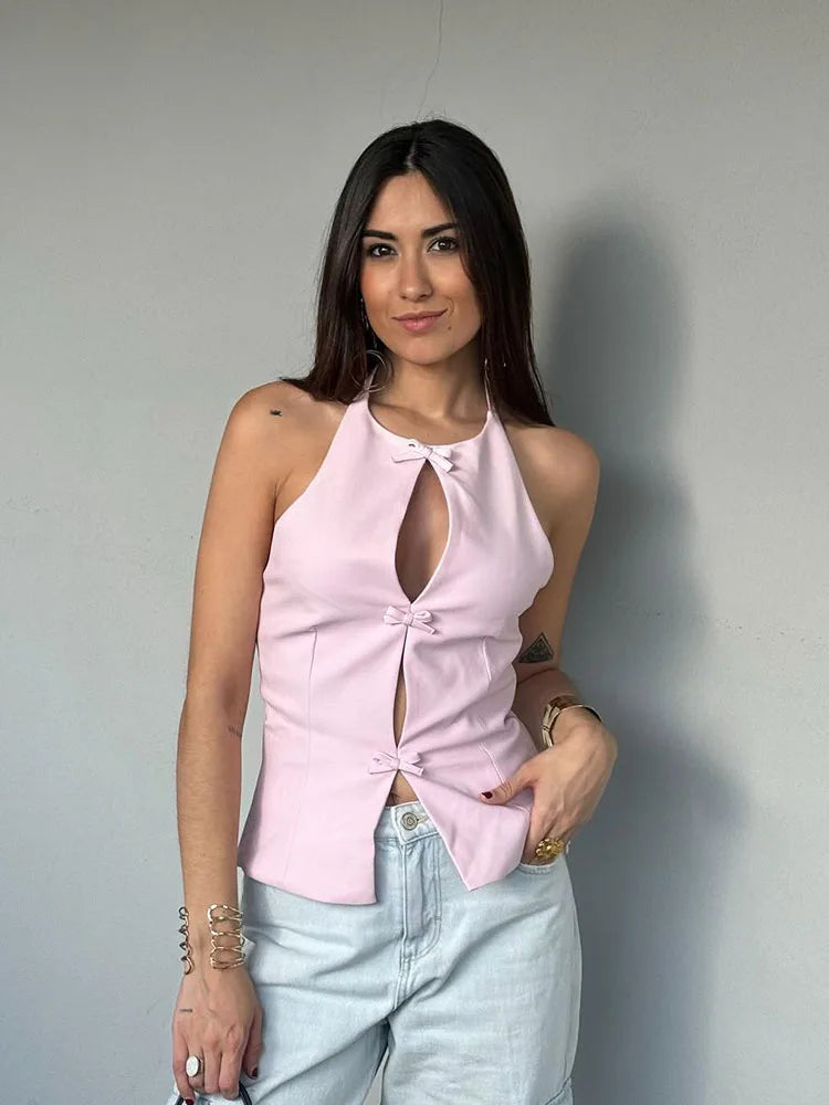 Women's Halter Neck Cut Out Top – Bow Trim Keyhole Sleeveless Party