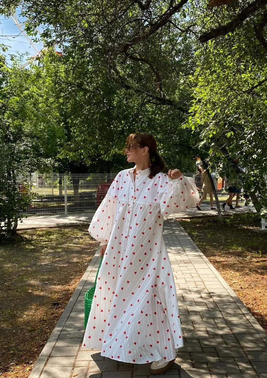 Women's Heart Print Maxi Dress – Button Front Balloon Sleeve Boho Summer